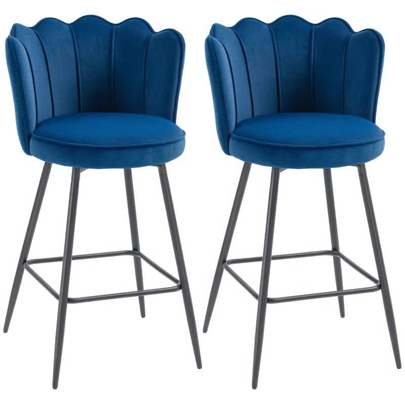 Set of 2 Dark Blue Velvet-Feel Lotus Bar Stools - Stylish Modern Seating for Kitchen or Home Bar