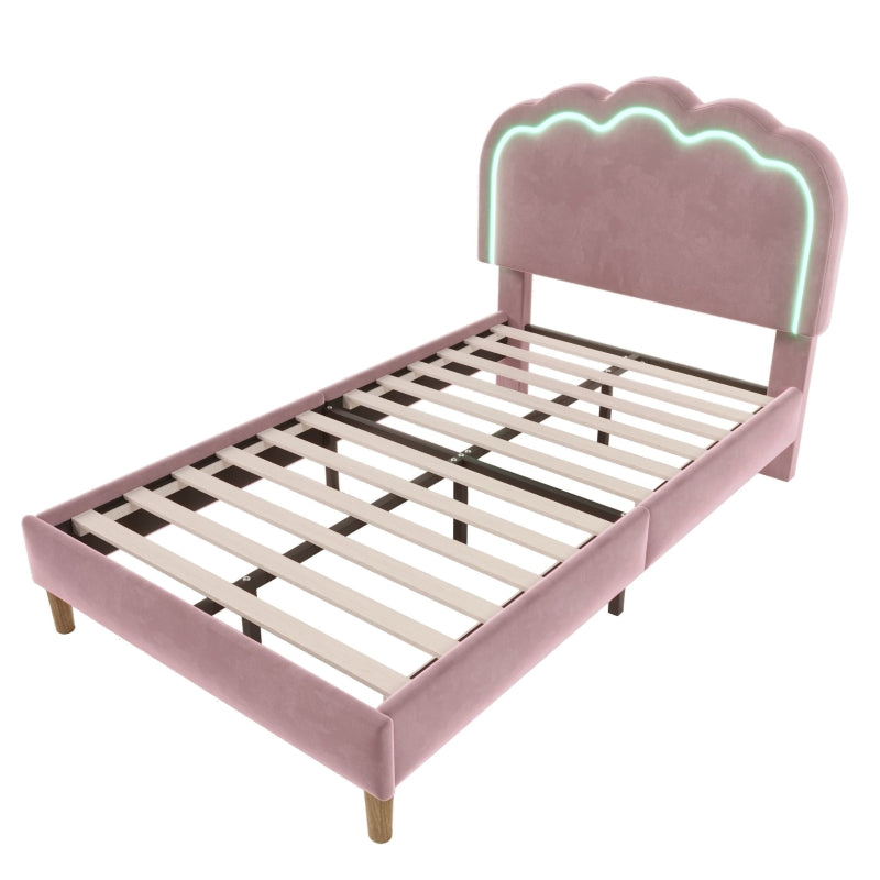 Pink Upholstered Single Bed with LED Adjustable Headboard, Velvet Frame, Wooden Slats, Easy Assembly, 197L x 101W x 109H cm