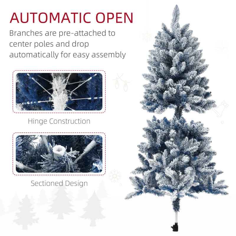 5ft Flocked Blue Artificial Christmas Tree with 450 Snow Frosted Tips & Metal Stand - Snowy Hinged Xmas Decor