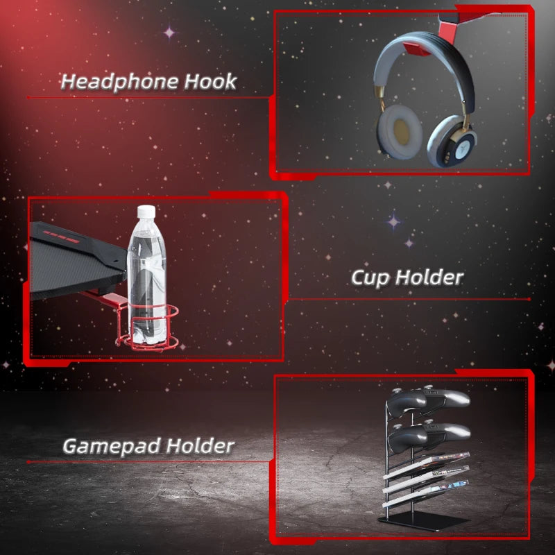 Carbon Fibre Gaming Desk 122x66 cm - Black & Red Gamer Workstation with Headphone Hook, Cup Holder & Gamepad Storage