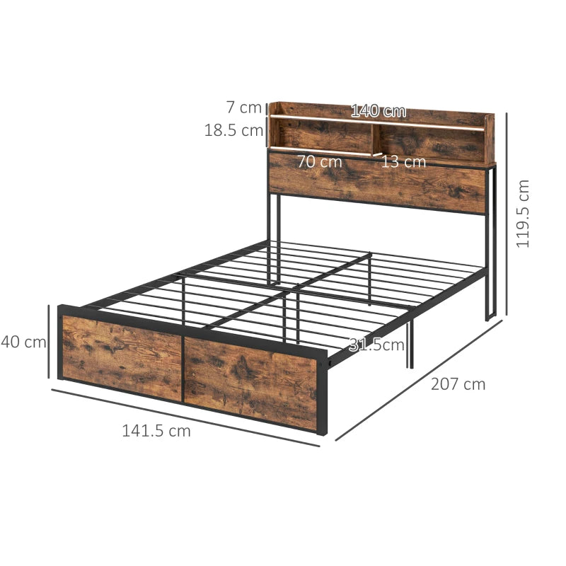 Industrial Style Double Bed Frame with Storage Headboard and Slatted Support 141x207cm Rustic Brown