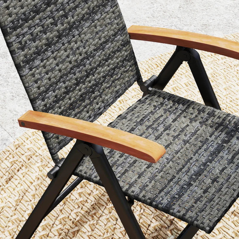 Folding Rattan Garden Dining Chair - 5-Level Reclining High Back, Wood Armrests, Outdoor Patio Furniture - Mixed Grey