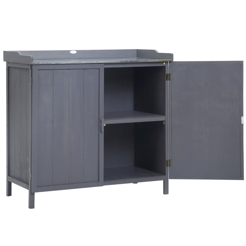 Grey Outdoor Garden Storage Cabinet with Galvanized Top and Shelves