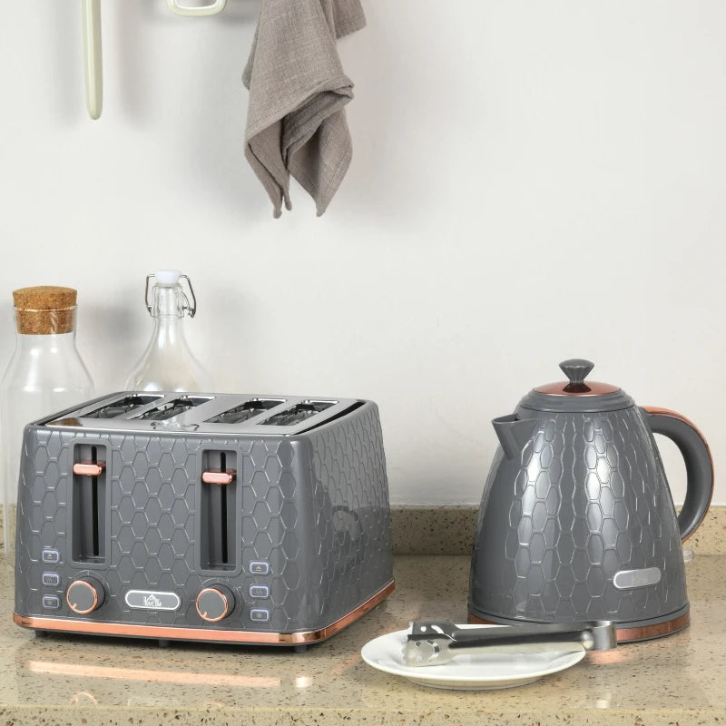 1.7L 3000W Fast Boil Kettle & 4 Slice Toaster Set - Grey, 7 Browning Controls, Crumb Tray, Kitchen Essentials
