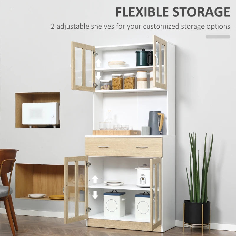 Modern Freestanding Kitchen Cupboard - 180cm Storage Cabinet Hutch with Central Drawer & 2 Glass Door Cabinets