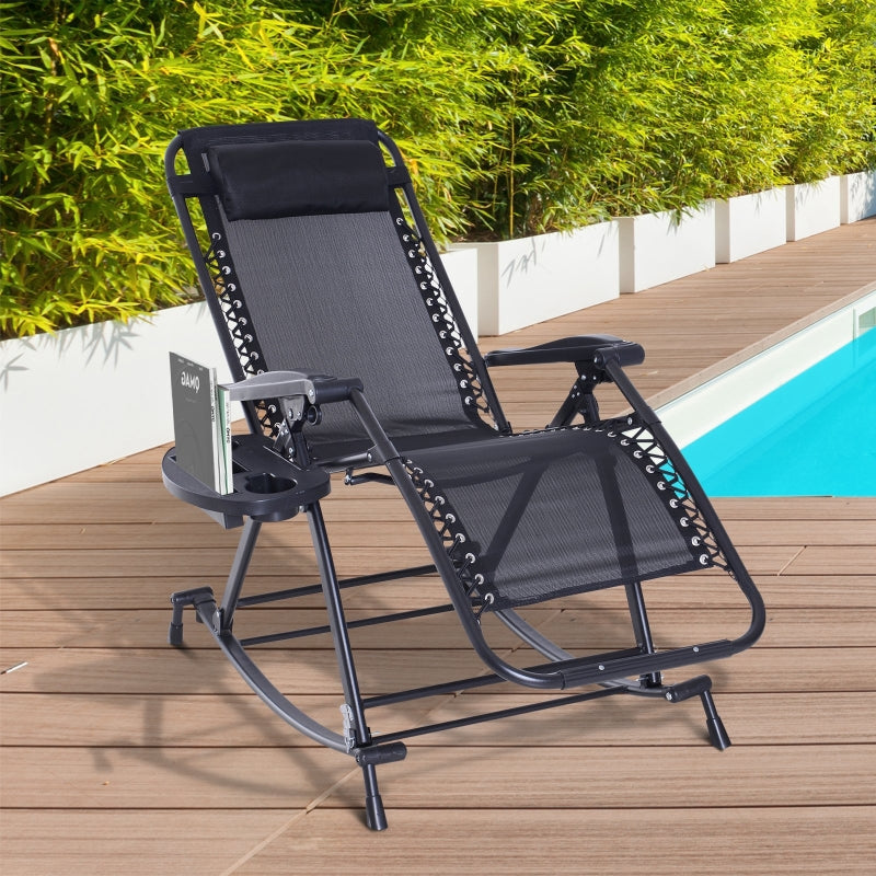 Black Foldable Outdoor Rocking Chair with Sun Lounger and Cup Holder