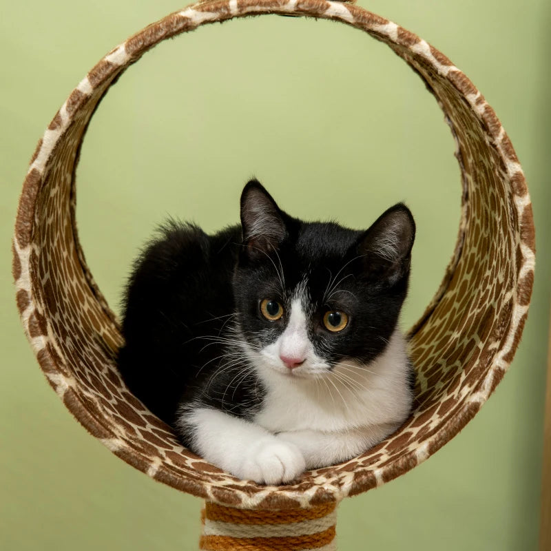 Unique Giraffe-Designed Cat Tree with Scratching Posts, Cat Tunnel & Toy Ball - Beige for Playful Cats