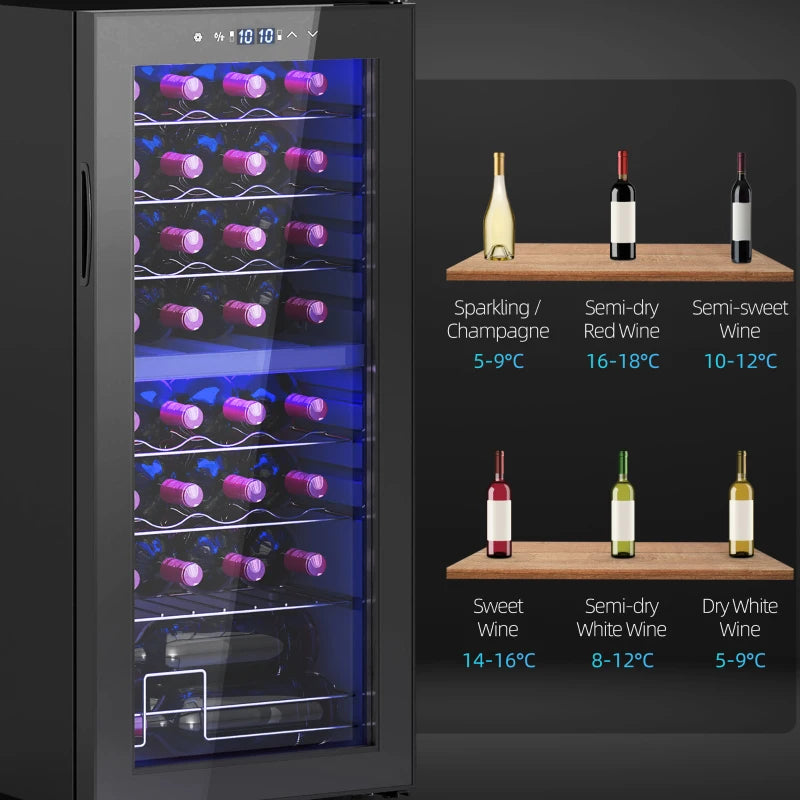 32 Bottle Dual Zone Wine Fridge - Black, Adjustable Temperature 5-18°C, Perfect for Wine Lovers & Collectors