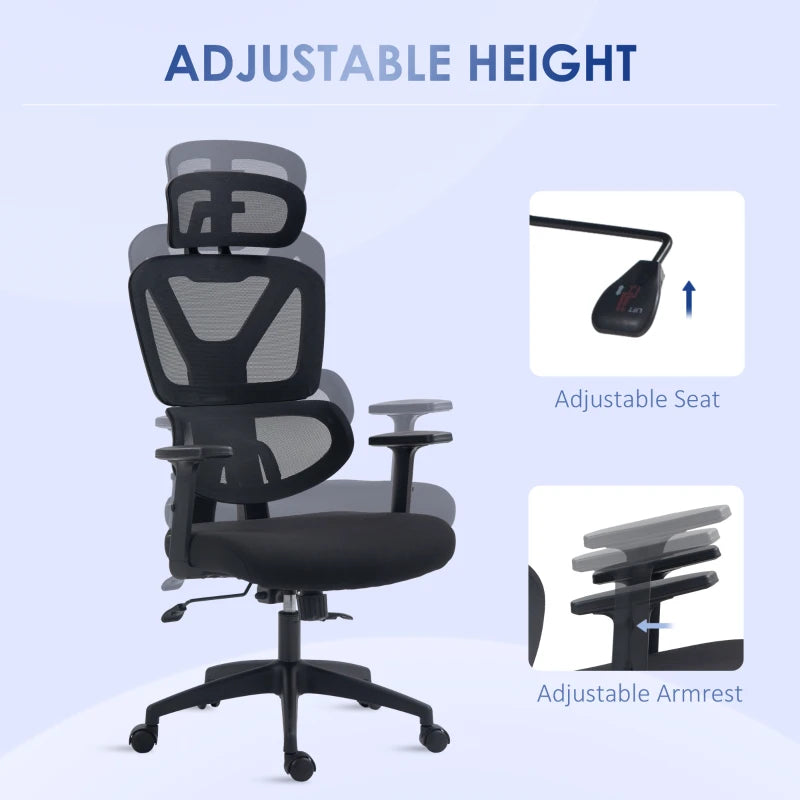 Vinsetto Adjustable Mesh Office Chair with Lumbar Support, Swivel Wheels & Headrest - Ergonomic Black Desk Chair