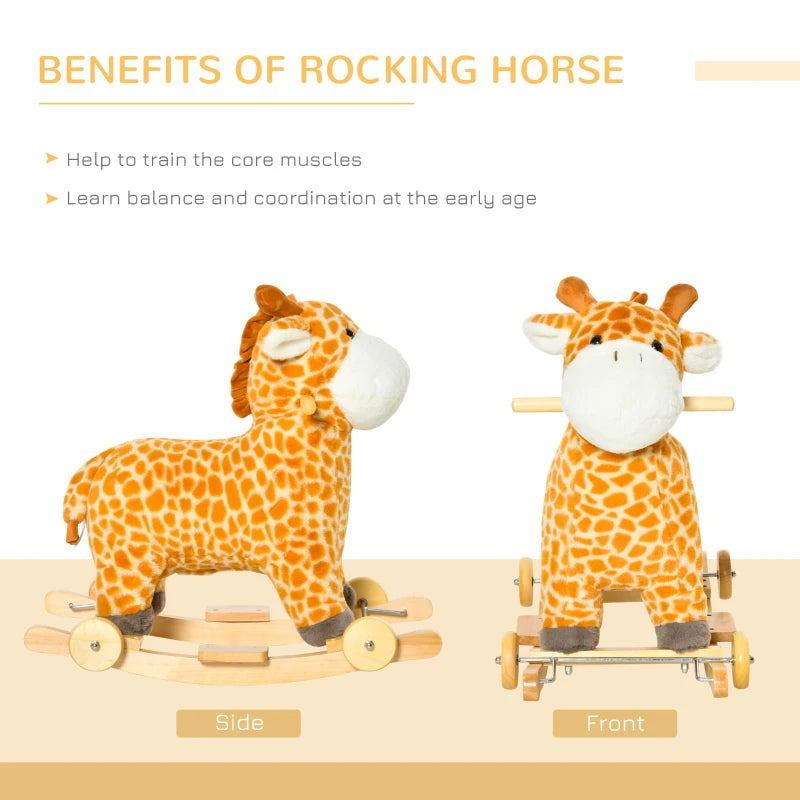 2-in-1 Kids Plush Rocking Horse Giraffe Ride-On with Wheels & Sounds - Wooden Base for Ages 3-6