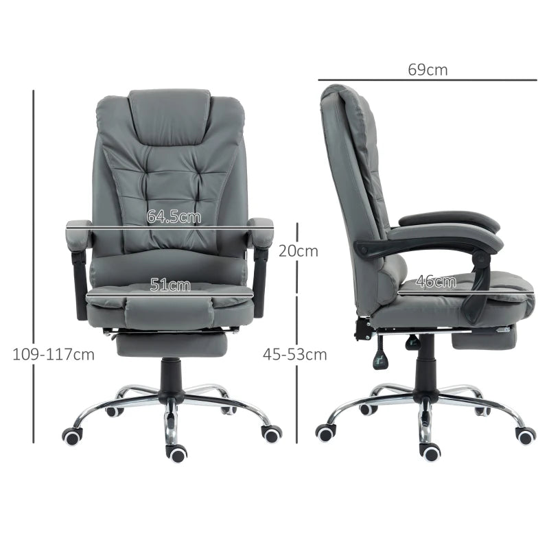 Executive Office Chair with Swivel Wheels, Reclining Backrest & Retractable Footrest - Stylish Grey Home Office Seating