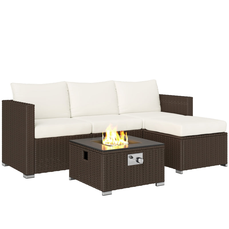 5-Piece Rattan Garden Furniture Set with Gas Fire Pit & Footstools - Brown & Cream