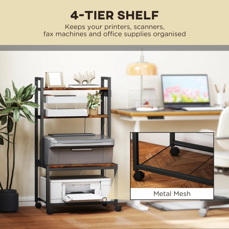 Rustic Brown 4-Tier Printer Stand with Power Outlets & Wheels - Mobile Office Storage Solution