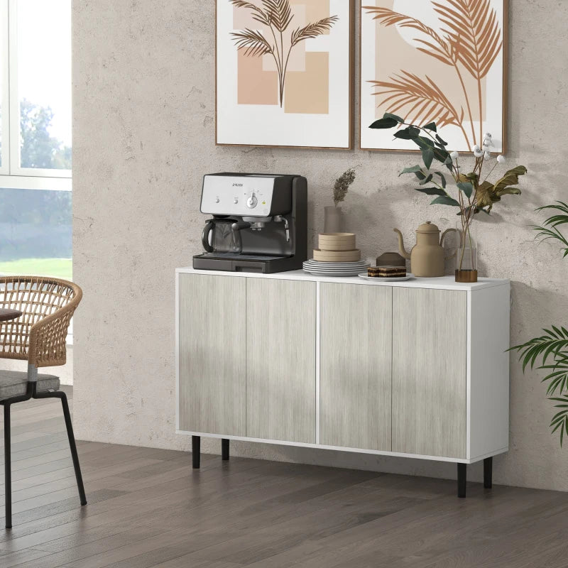 Modern White Kitchen Sideboard Storage Cabinet with Adjustable Shelves, 4 Doors & Pine Wood Legs for Living Room