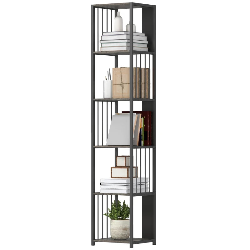 5-Tier Grey Bookshelf with Durable Steel Frame - Modern Storage Solution for Home or Office