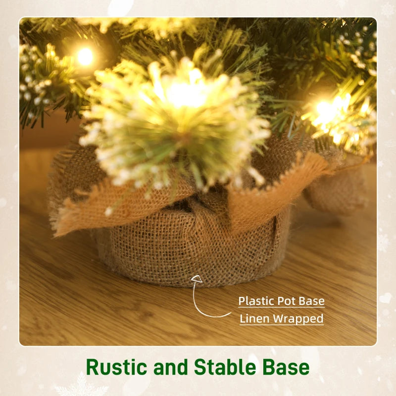 60 cm Prelit Snow Flocked Mini Christmas Tree with 35 LED Lights, Pine Cones, Linen Base - Battery Operated Green Tabletop Decor