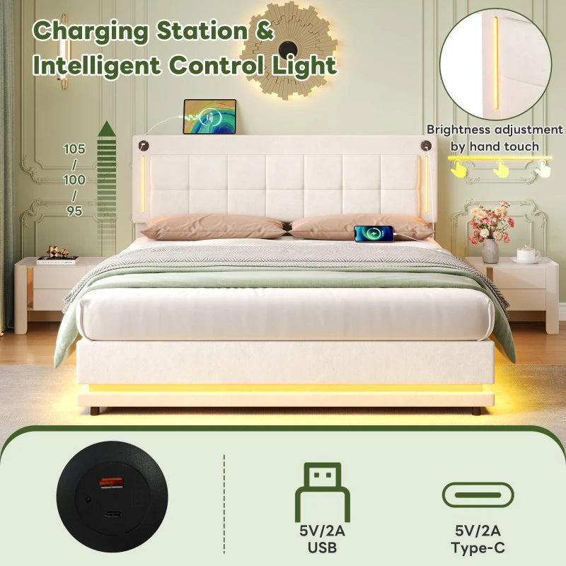 King Size LED Hydraulic Bed with Charging Station Adjustable Tufted Headboard Space Saving Design Beige