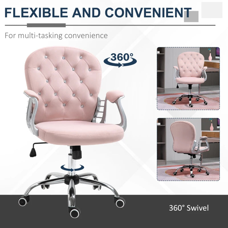 Vinsetto Pink Velvet Office Chair - Swivel Desk Chair with Adjustable Height & Rolling Wheels for Home & Study
