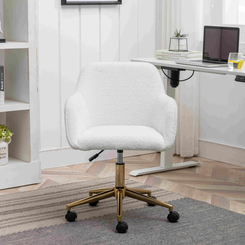 Adjustable Height Swivel Executive Office Chair with Gold Legs, Ergonomic Backrest, White Teddy Fabric, 58x58x86 cm
