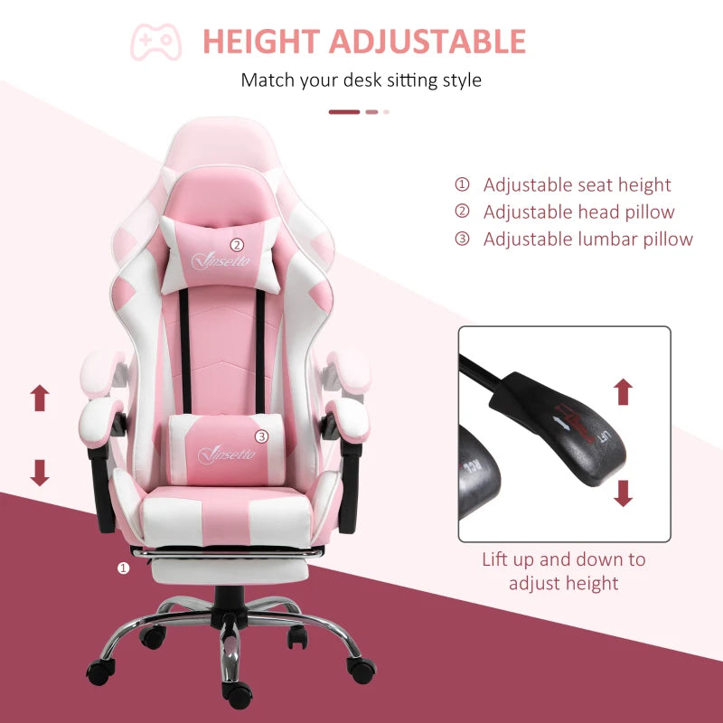 Vinsetto Pink Ergonomic Gaming Chair - PU Leather Reclining Computer Chair with Footrest, Lumbar Support & Adjustable Height for Adults