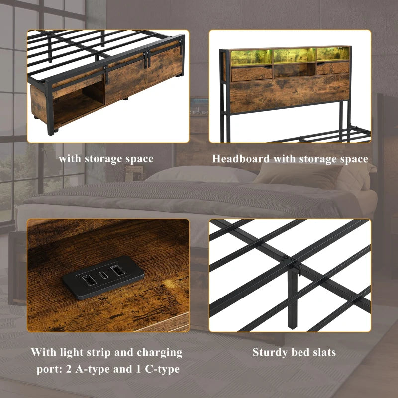 Metal Double Bed with LED Lights & Charging Ports, Storage Base, 209x137.5x114.5 cm, Black & Natural Finish