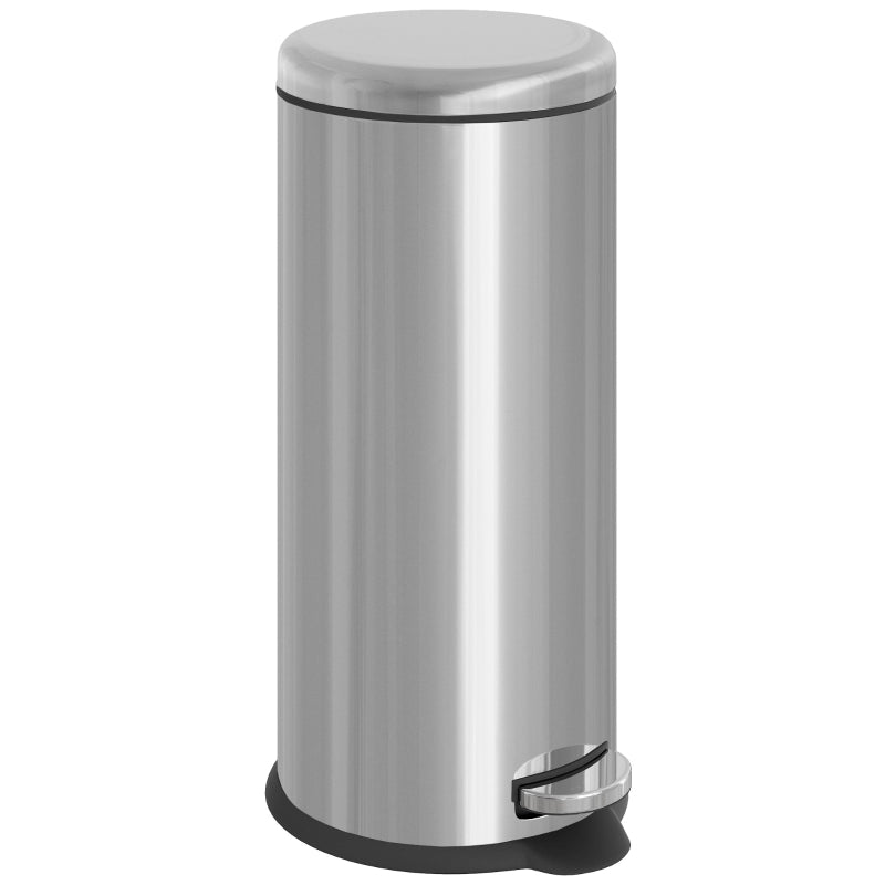 30L Stainless Steel Foot Pedal Bin with Lid - Modern Silver Metal Kitchen Garbage Rubbish Waste Container