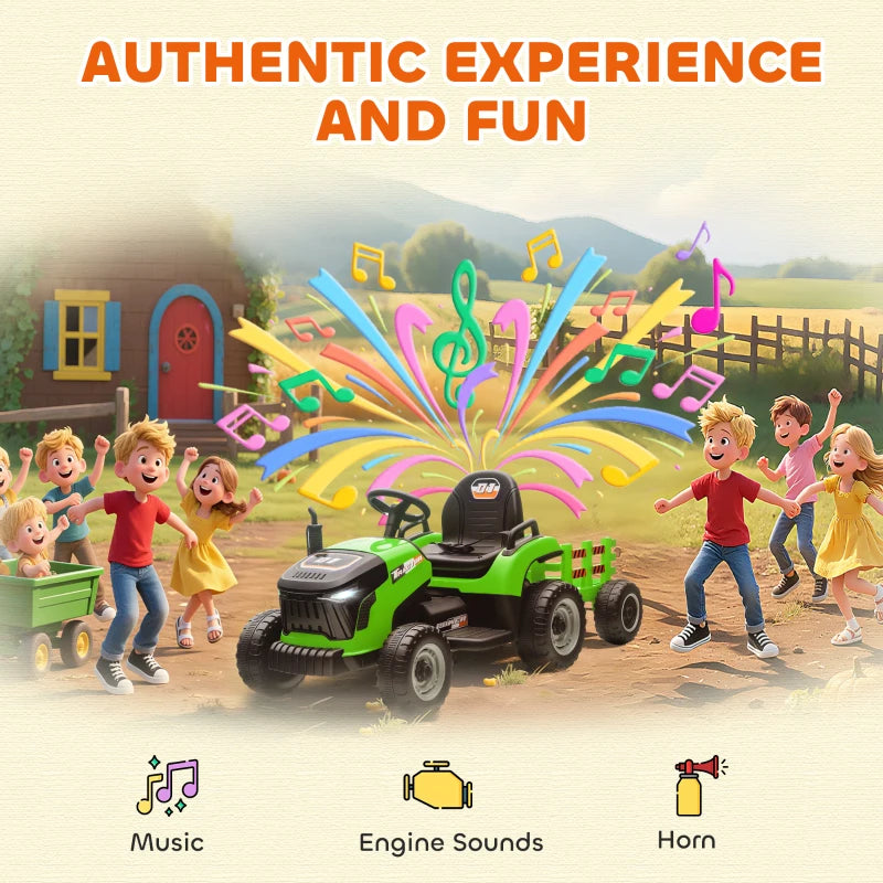 12V Kids Ride on Tractor with Trailer Remote Control Music for Ages 3-8 Green