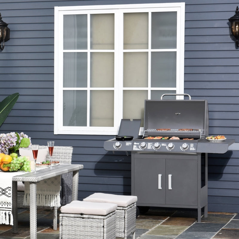 4+1 Burner Gas BBQ Grill - Grey Outdoor Barbecue Trolley with Wheels, Warming Rack, Side Shelves, Cabinet, Thermometer - 125cm x 51cm x 100cm for Garden, Party, Camping