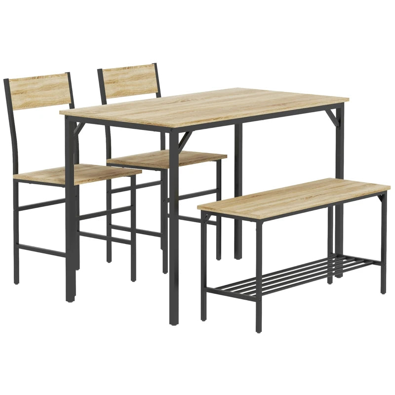 Square Dining Set for 4 - Natural Wood Effect Table, Chairs & Bench Included - Stylish & Durable Furniture