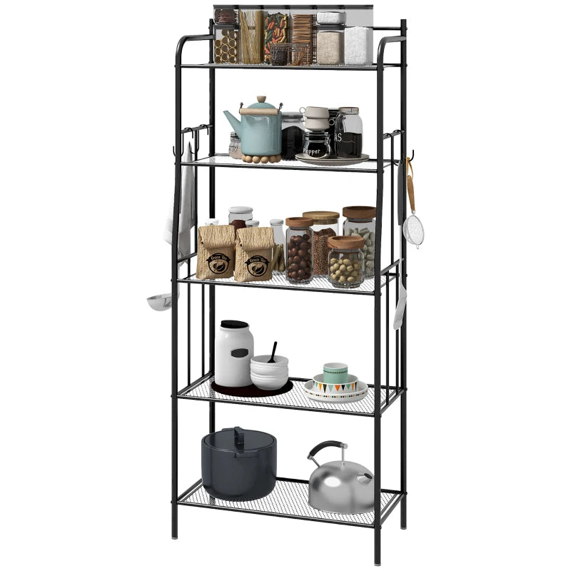 Five-Tier Black Steel Frame Kitchen Shelving Unit - Durable Storage Rack for Organizing Kitchen, Pantry, or Garage