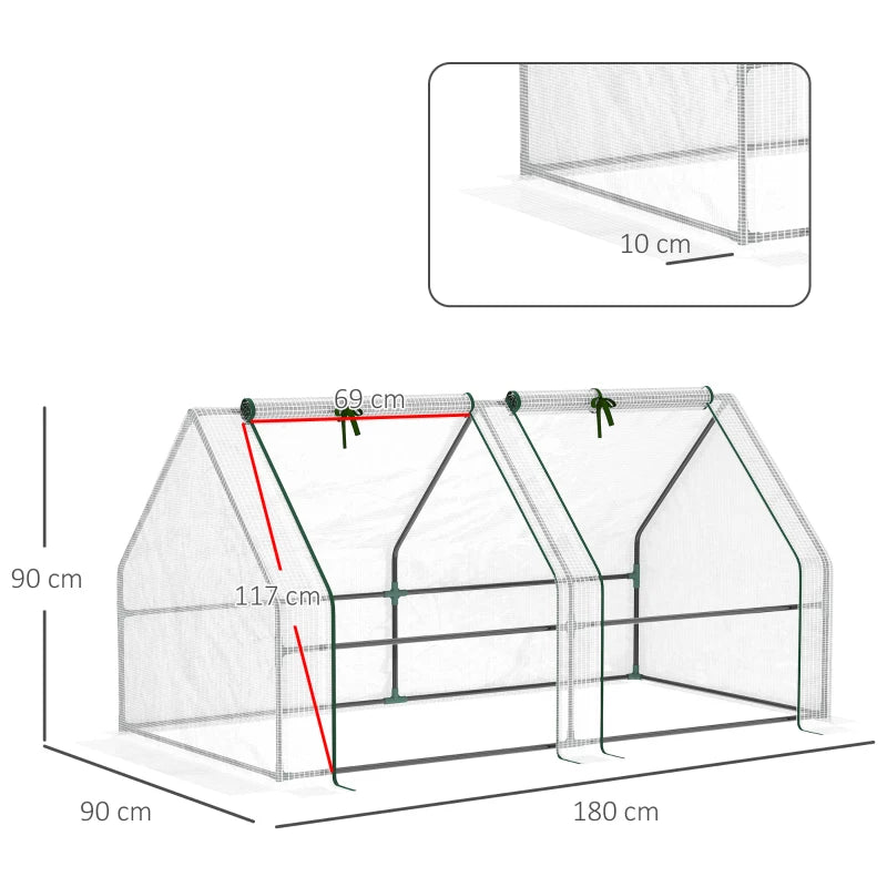 Compact Green Steel Frame Greenhouse with Zippered Window, 180 x 90 x 90 cm, White