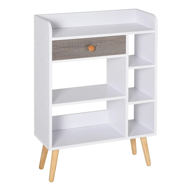 Freestanding Bookcase with Storage Drawer - 6 Shelves, Wood Legs, White & Grey - Home Office Display, 24D x 60W x 86.8H cm