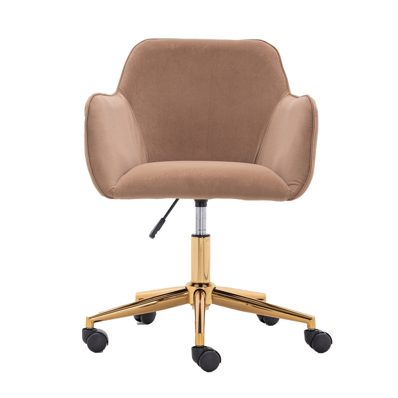 Velvet Adjustable Height Swivel Office Chair with Gold Legs and Ergonomic Backrest, Coffee Colour, 58x58x86 cm