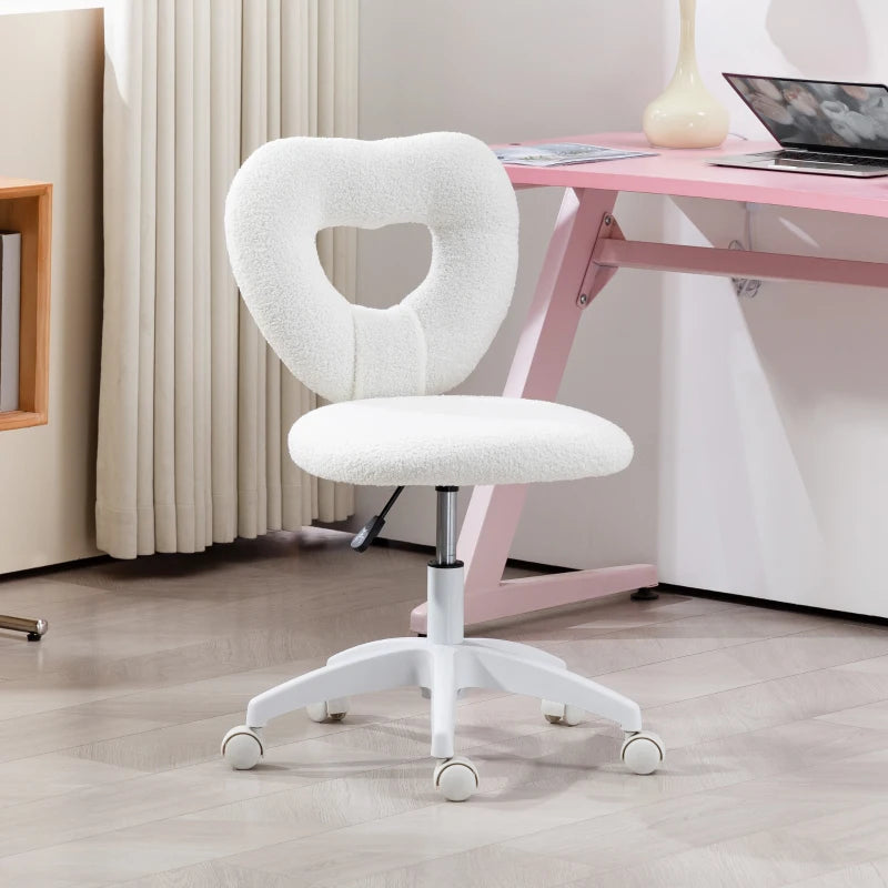 Armless Heart Computer Desk Chair - Teddy Fleece Swivel Office Chair, Adjustable Height, Wheels, Ideal for Home Study & Bedroom, White