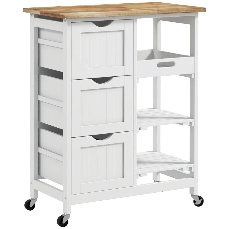 Rolling Kitchen Island Cart with Wood Top, Compact Bar Serving Trolley on Wheels, Shelves & Drawers for Home Dining - White