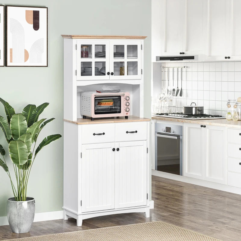 Freestanding Kitchen Cupboard with Glass Doors & 2 Drawers - Stylish White Storage Cabinet for Microwave & Kitchen Essentials