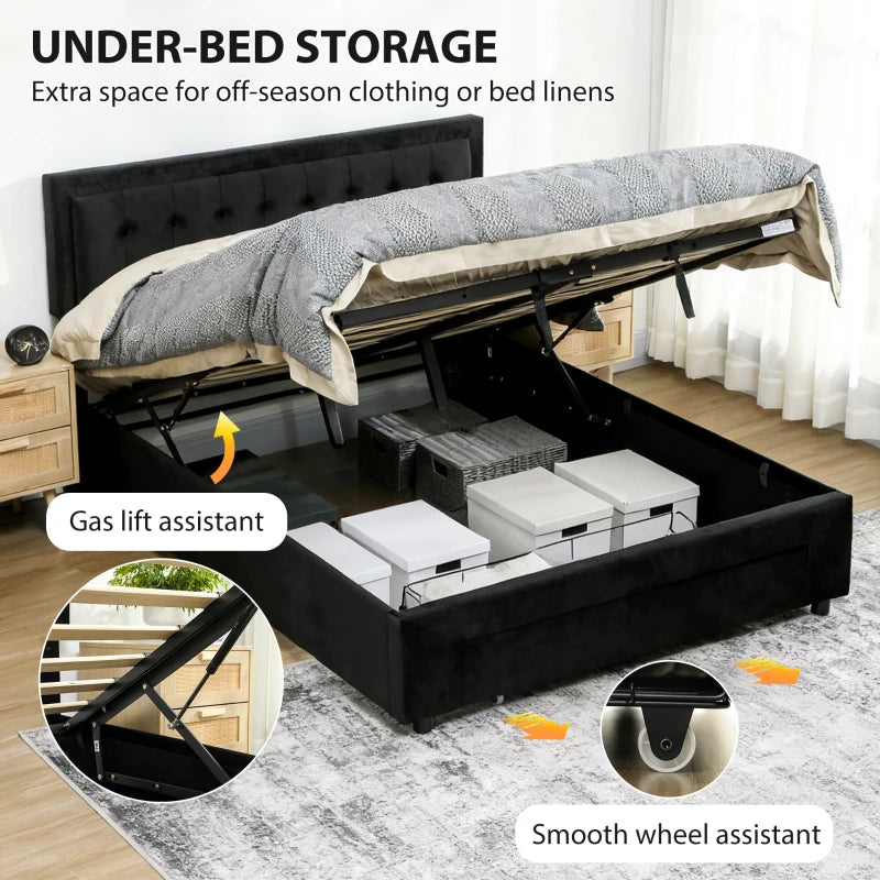 Stylish King Size Black Ottoman Bed Frame with Front Drawer - Space-Saving Storage Solution for Modern Bedrooms