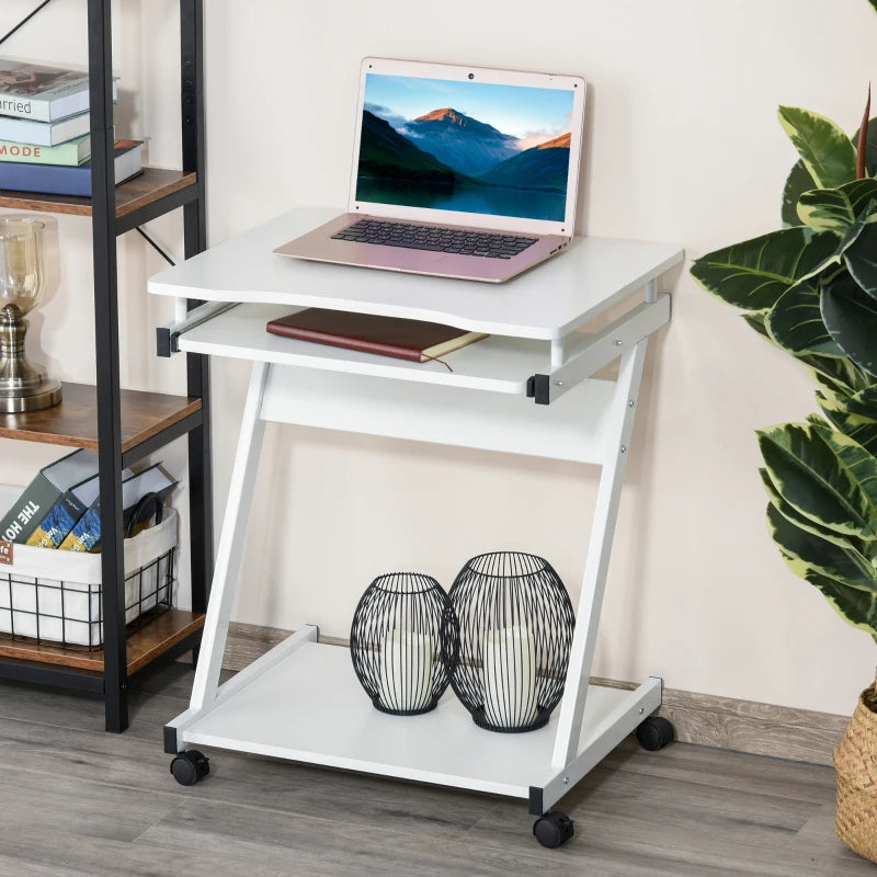 Movable White Computer Desk with 4 Wheels & Sliding Keyboard Tray - Ideal Home Office Workstation
