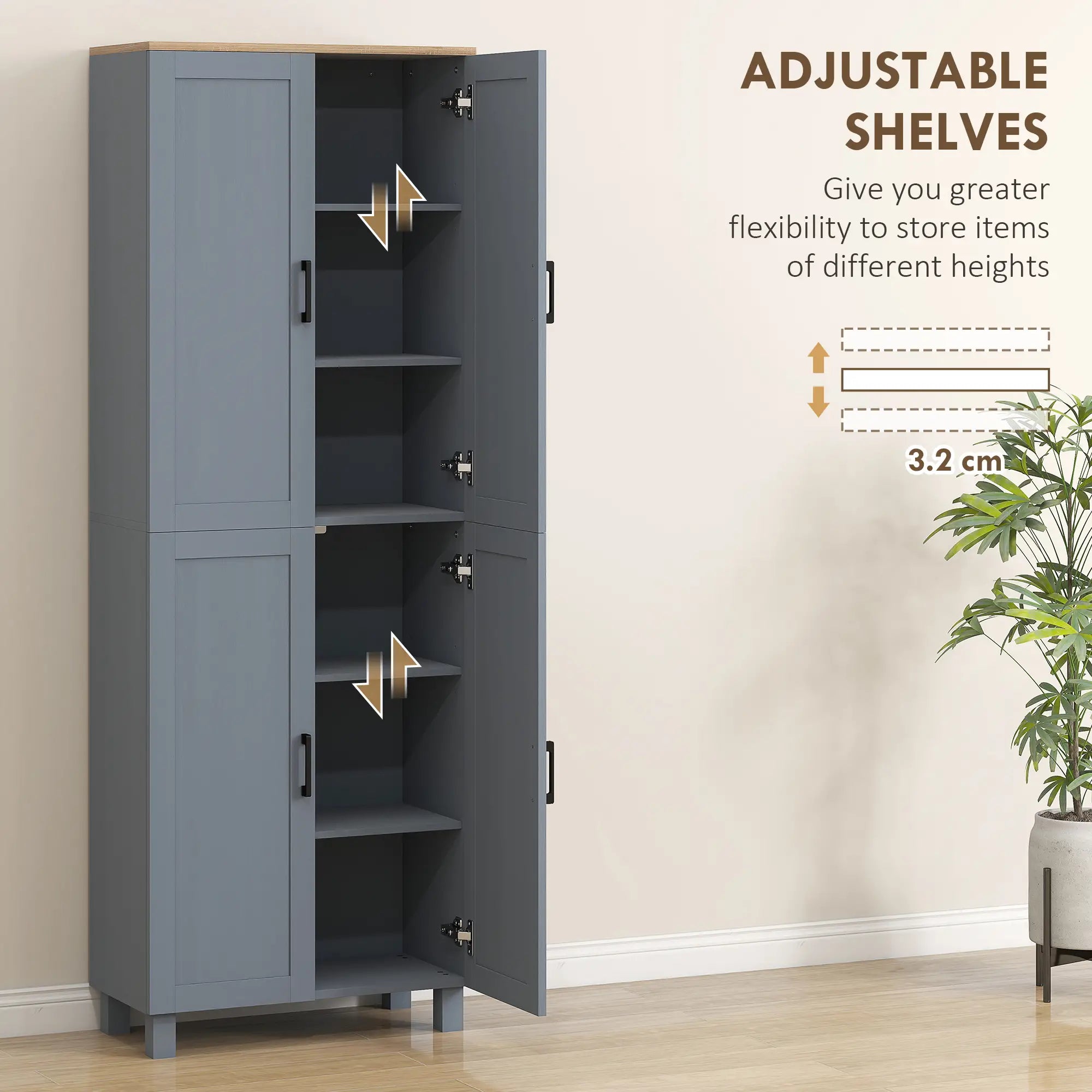 170cm Slim Kitchen Pantry Cupboard – Transform Cluttered Kitchens into Organised, Space-Saving Storage with 6 Adjustable Shelves & 4 Doors