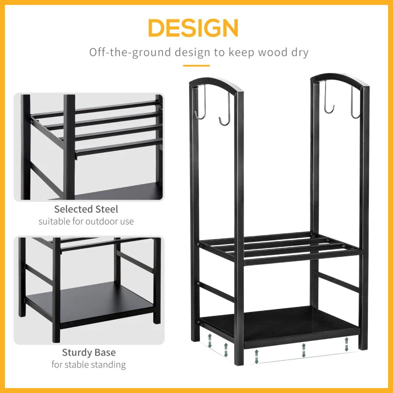 Metal Firewood Log Holder Rack - 2 Layer Indoor Outdoor Fireplace Wood Storage with Tools & Hooks, Black, 40L x 30W x 74.5H cm