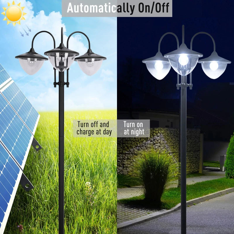 189cm 3-Head Solar Lamp Post with Planter Automatic On 6 Hour Max Outdoor LED Street Light Black