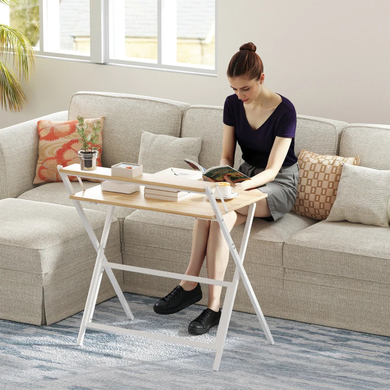 81.5 cm Folding Computer Desk with Monitor Shelf - Stylish Natural Wood Finish for Home Office & Study