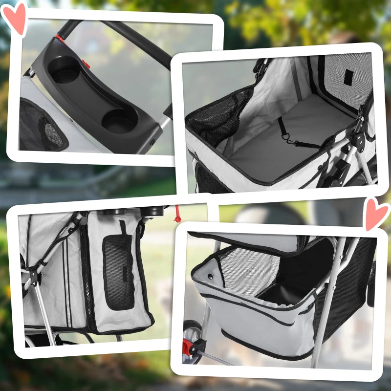 Foldable Pet Stroller for Small Dogs & Cats - Travel Carriage with Wheels, Zipper Entry, Cup Holder & Storage Basket - Grey