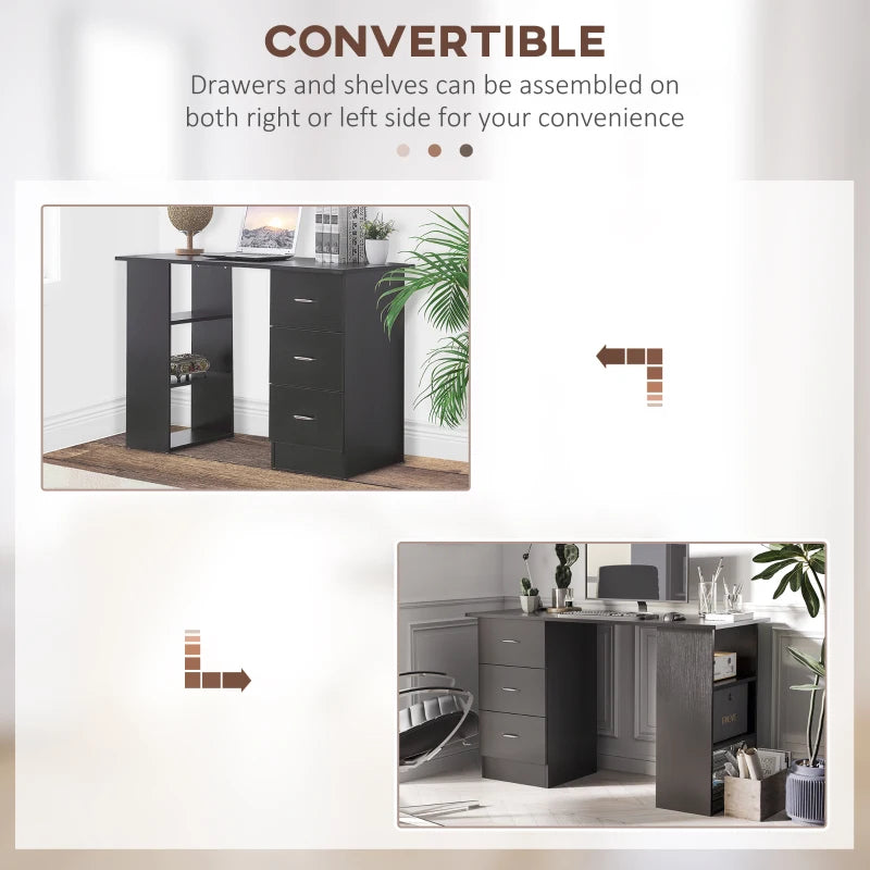 Modern Black Computer Desk with 3 Storage Shelves & Drawers, Stylish Writing Table for Home Office, Silver Handle Workstation