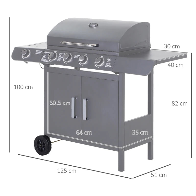 4+1 Burner Gas BBQ Grill - Grey Outdoor Barbecue Trolley with Wheels, Warming Rack, Side Shelves, Cabinet, Thermometer - 125cm x 51cm x 100cm for Garden, Party, Camping