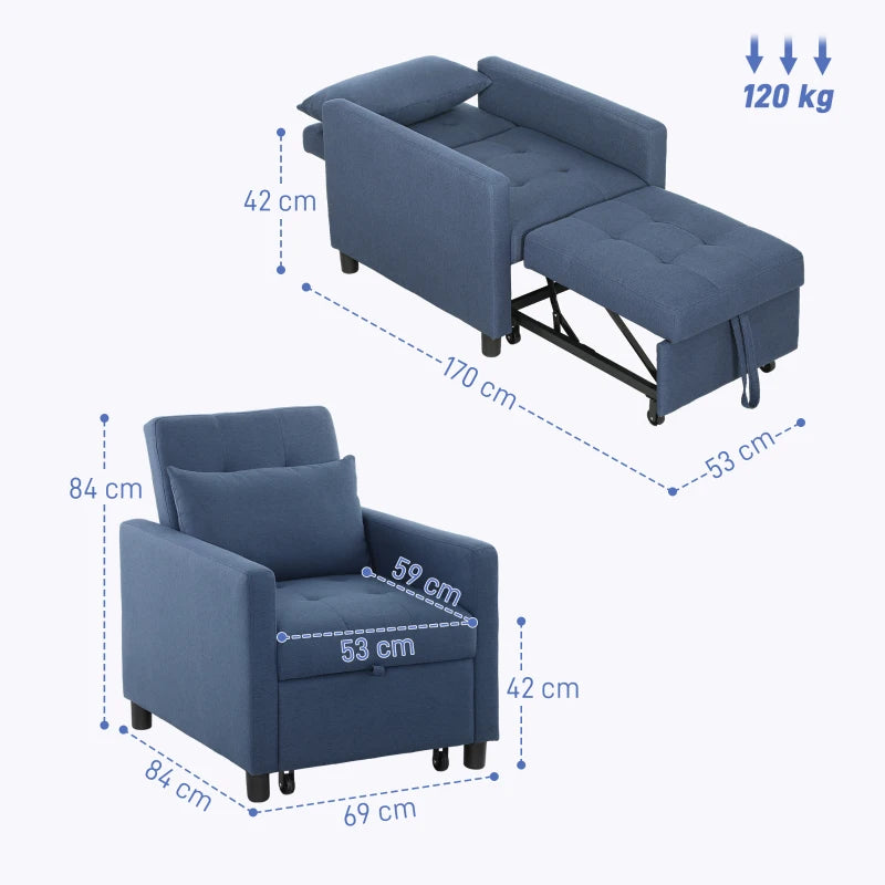 Convertible 3-in-1 Chair Bed with Adjustable Backrest, Pillow and Footrest for Living Room, Blue