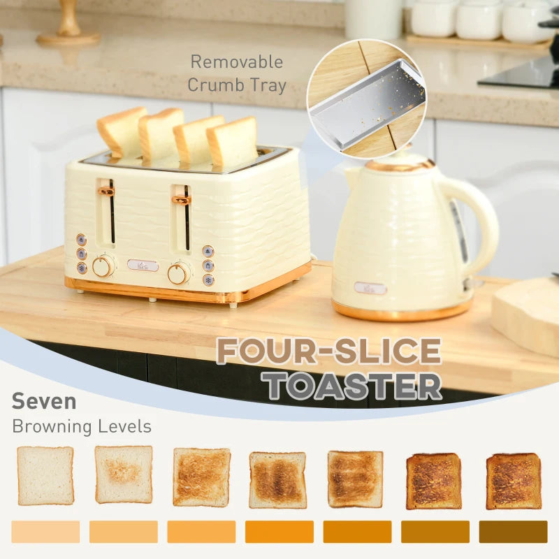 3000W Beige Kettle & 4 Slice Toaster Set - 1.7L Rapid Boil, 7 Browning Controls, Easy Clean Crumb Tray