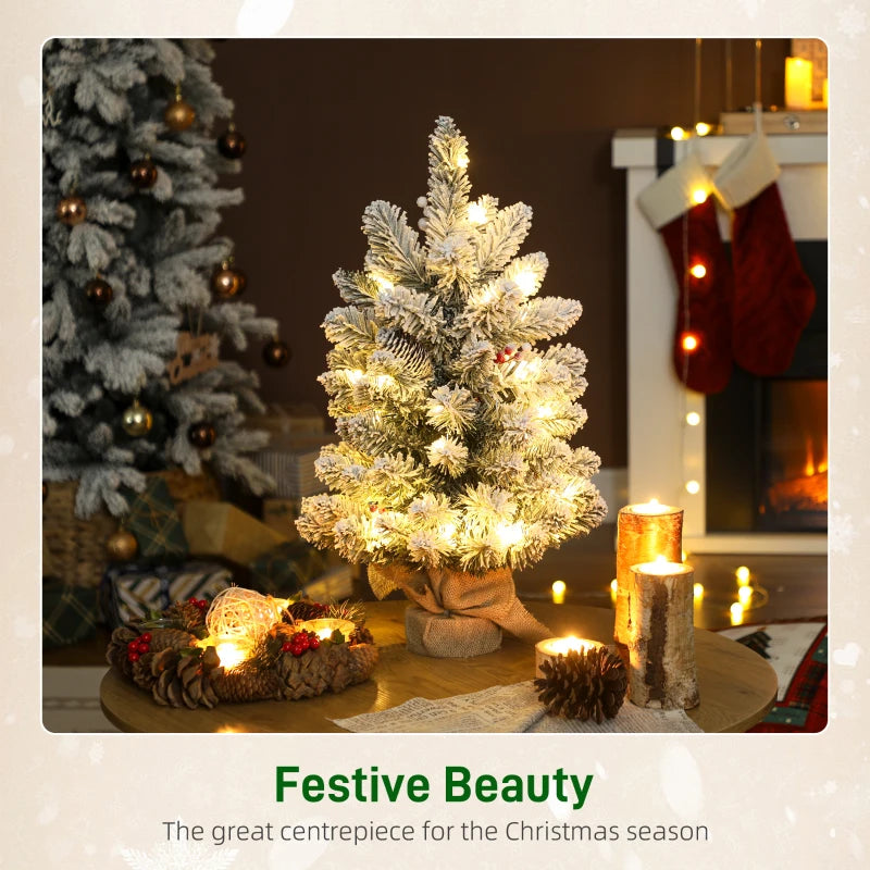 60 cm Prelit Small Christmas Tree - 35 LED Lights, Snow Flocked Mini Xmas Tree with Pine Cones & Berry Clusters