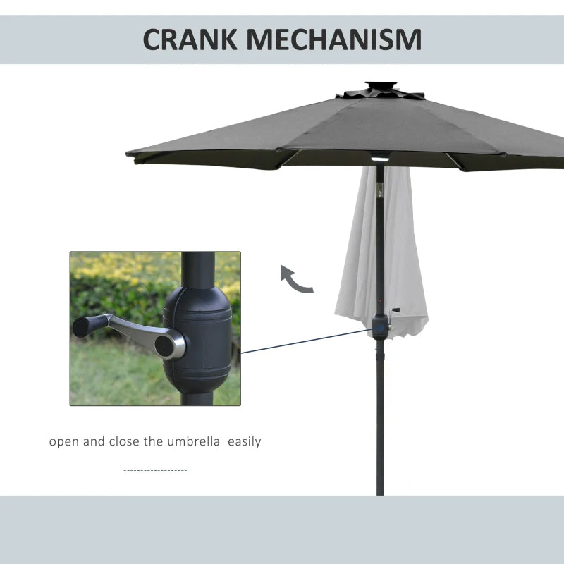 Grey Solar LED Garden Parasol - 2.7m Sun Umbrella