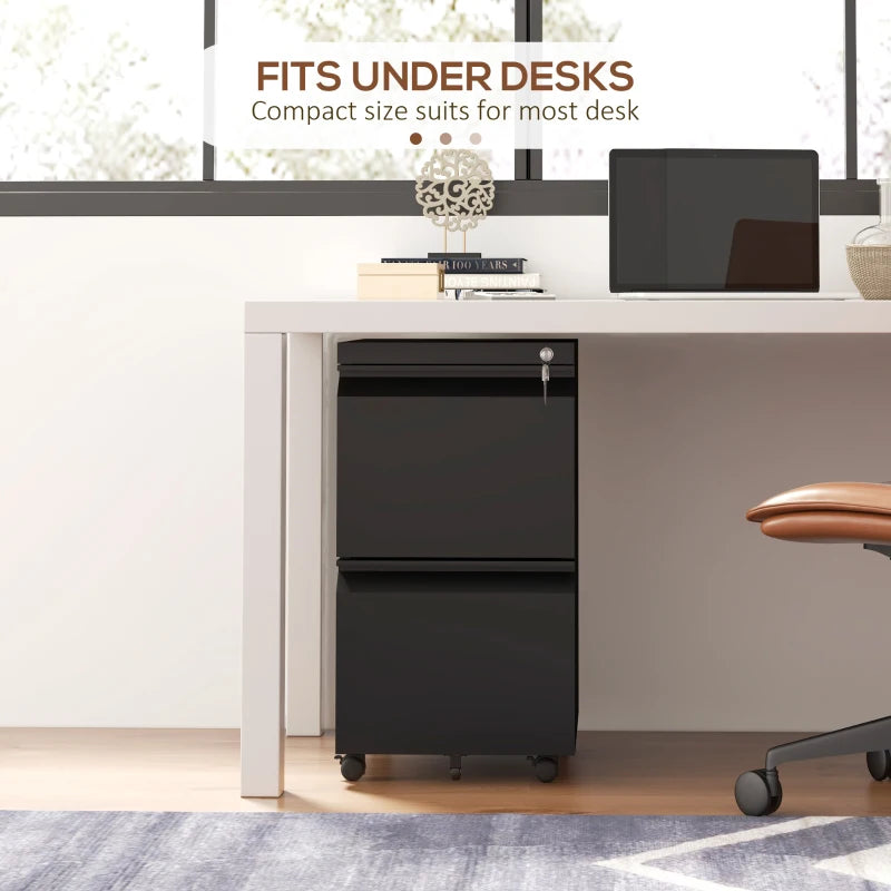 Vinsetto 2-Drawer Mobile Filing Cabinet - Lockable Steel File Storage for Letter, A4 & Legal Size - Pre-Assembled, Black